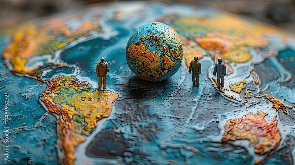 Aufkleber a globe with miniature figures standing on it, symbolizing exploration and global connection.