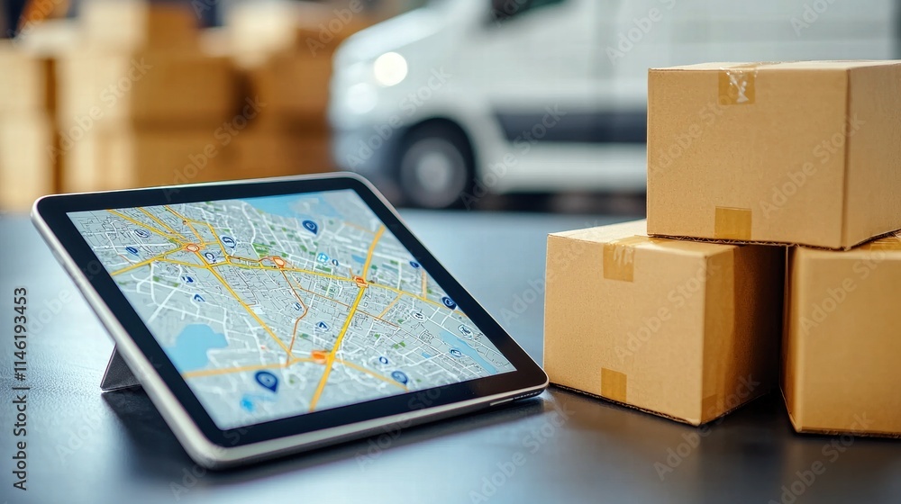 Poster tablet displaying a map beside stacked cardboard boxes in a delivery setting.