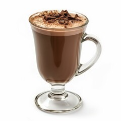 Hot chocolate beverage served in an irish coffee glass, topped with whipped cream, chocolate shavings, and cocoa powder on a white background