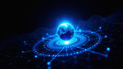Obraz premium Futuristic Earth in High-Tech Digital Sphere with Concentric Data Rings
