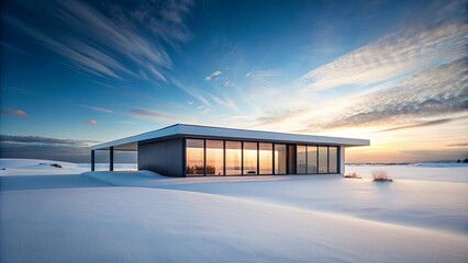 Obraz premium Modern Minimalist House in a Snowy Landscape at Sunset