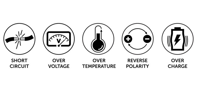 Charger features icons set - protection pictograms in monochrome style