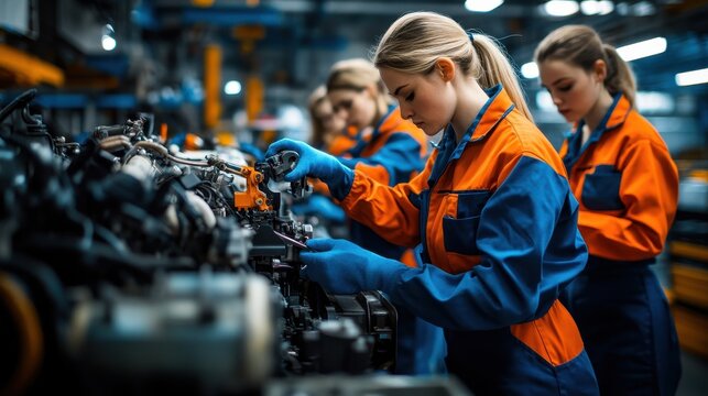 Female mechanics work on engine. Illustrates women in STEM, skilled labor, and automotive industry.