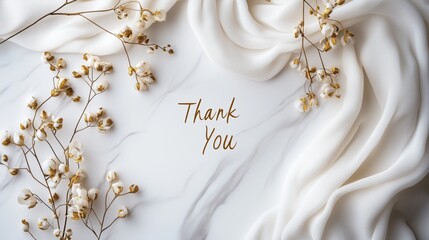 Thank You Text with Floral and Fabric Accents on Marble Surface