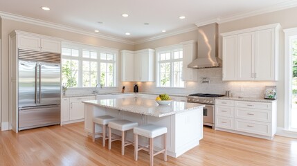 Bright white kitchen with island, stainless steel appliances, and hardwood floors.