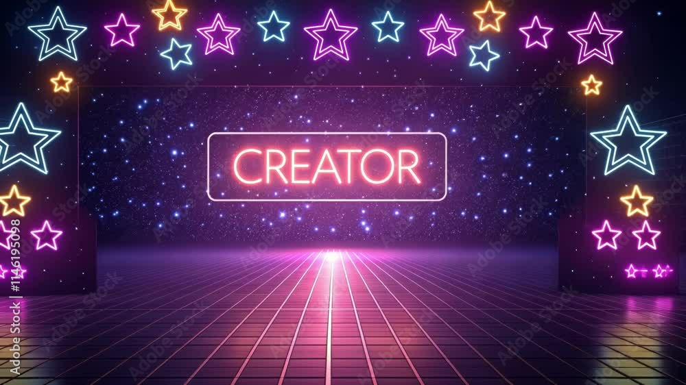 Poster a retro web portfolio with a neon glow featuring ling animated stars that appear and fade at the edg
