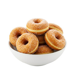 A bowl of freshly fried doughnuts coated in sugar