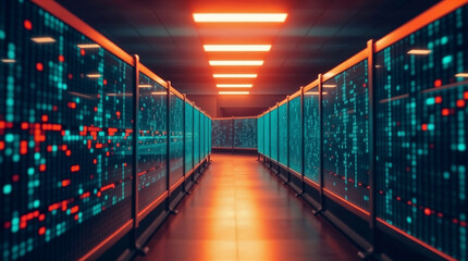 Abstract data flow on panels in a room. Cyber security and digital safety concept.