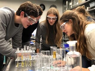 Group of diverse students engaged in a chemistry experiment in a lab setting.