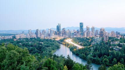 Naklejka premium Panoramic city skyline at dusk, river, highway, and mountains.