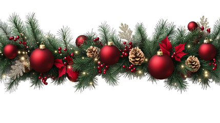 Christmas wreath, garland on transparent background. It consists of spruce branches decorated with red poinsettias, cones, holly berries, and golden decorative elements.