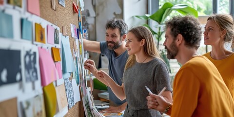 A creative team collaborating in a vibrant studio, surrounded by fabric swatches, sketches, and mood boards for a new campaign