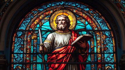 Obraz premium Saint Paul in a vibrant stained-glass depiction, preaching boldly with a sword and book in hand, radiant red and blue tones creating a dramatic ambiance,