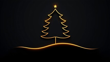 Golden glowing outline Christmas tree on dark background.