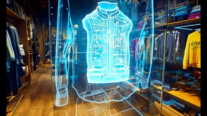 Shopping experience with AR, virtual clothing and holographic interface - Futuristic design - AI generative