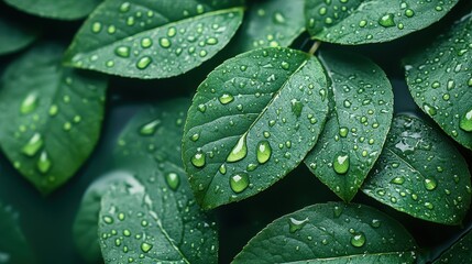 Fototapeta premium Green background with leaves and water drops symbolizing freshness