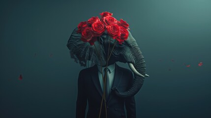 An elephant in a black suit carries a red rose on a dark blue background, AI generated image