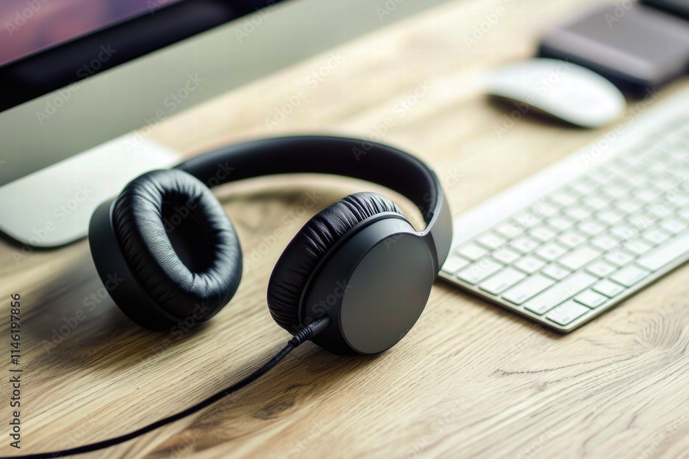 Aufkleber stylish black headphones resting on a desk next to a computer and keyboard.