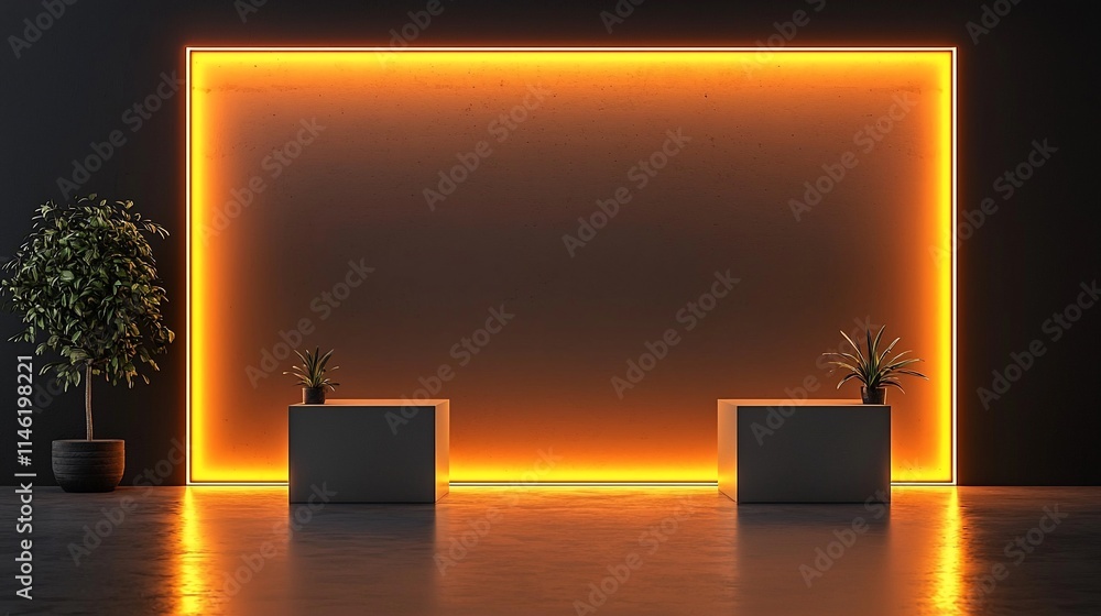 Poster illuminated backdrop with display stands.