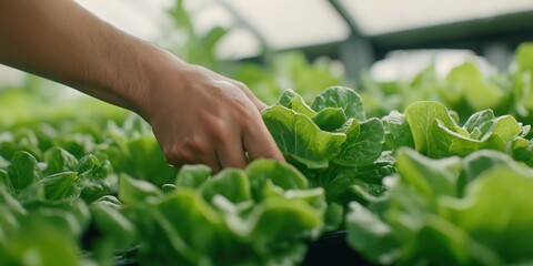 A medium shot of a farmer tending to rows of vibrant green lettuce inside a greenhouse
