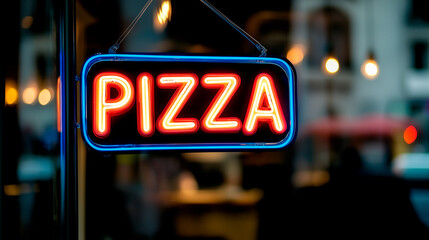 Neon Pizza Sign in City Window