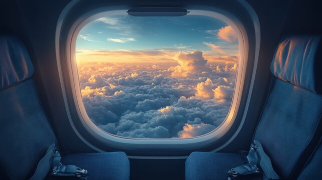 Airplane window sunset cloudscape view travel journey.