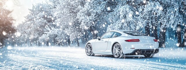 Car on a snowy road in the forest. Selective focus. .