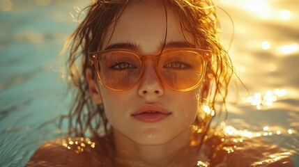 Relaxed girl with wet hair enjoying a peaceful swim during golden hour, wearing orange sunglasses, leaning on the pool edge, with dreamy reflections of the sunset in the water.