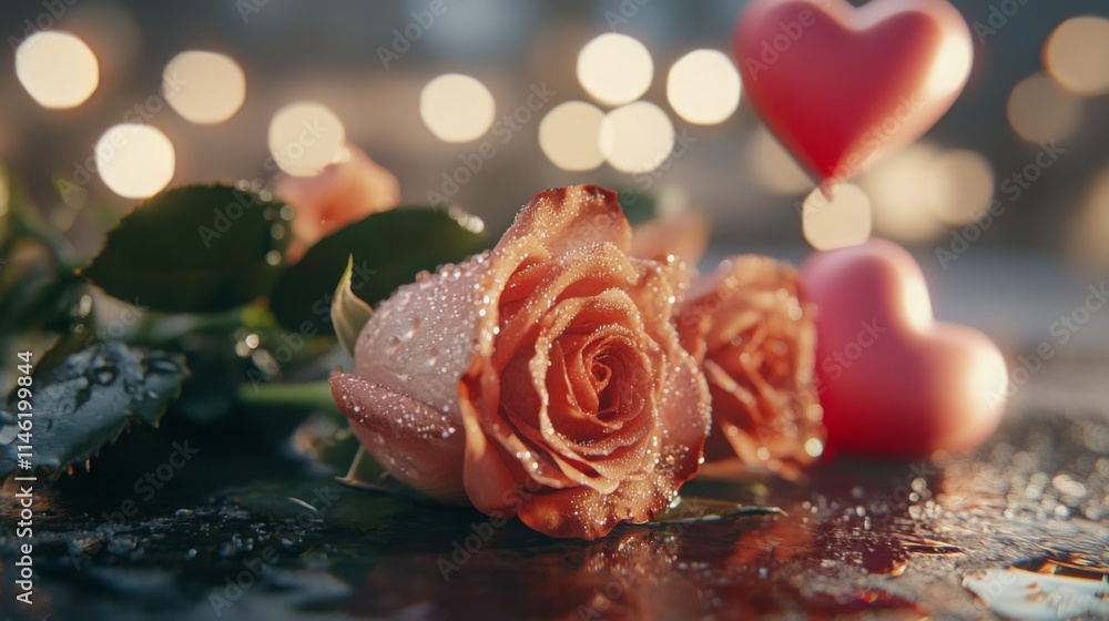 Aufkleber delicate pink roses with raindrops rest on a surface, complemented by soft bokeh lights in the backg