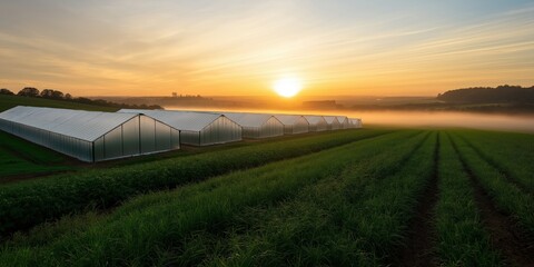 A wide-angle shot of a row of large, modern greenhouses on a rural farm, their glass panels reflecting the golden hues of sunrise