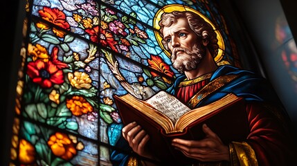 Fototapeta premium Saint Paul portrayed in a breathtaking stained-glass artwork, preaching with conviction, his sword and book glowing with radiant red and blue tones,