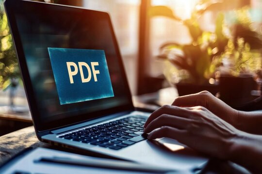 A person working on a laptop, creating a PDF document in a cozy, sunlit workspace.