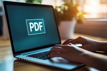 Close-up of hands typing on a laptop with a PDF document displayed on the screen.