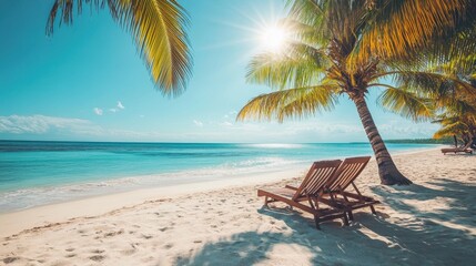 Sunny beach scene with two lounge chairs under palm trees. Perfect for travel, vacation, or relaxation themed projects.