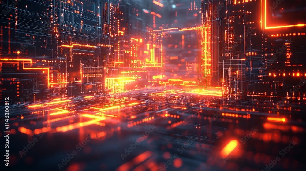 Poster complex network of geometric shapes and circuitry in futuristic space
