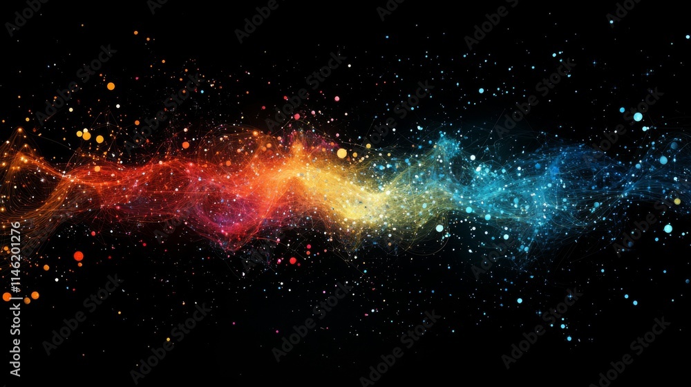 Poster abstract composition of interconnected dots and lines on black background
