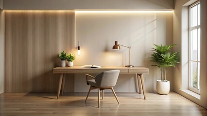 Serene Minimalist Home Office Workspace Design with Natural Wood Accents and Ambient Lighting