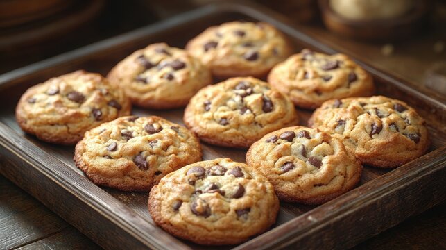 Delicious chocolate chip cookies on wooden tray.