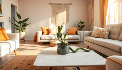 Modern Indoor Scene: Snake Plant on Marble Coffee Table with Scandinavian Furniture