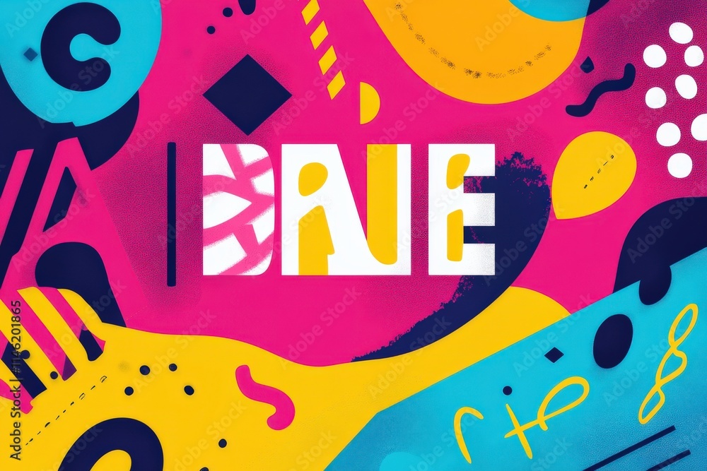 Poster vibrant abstract design with bold colors and dynamic shapes featuring the word 
