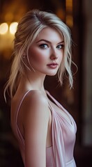 A beautiful woman in a pink dress, with soft lighting creating a romantic atmosphere.