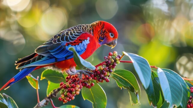 A Crimson Rosella (a species of Parrot) eats some berries from a tree