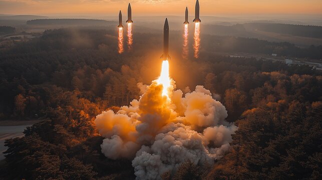 Military missiles launch at dusk, showcasing advanced ballistic technology and destruction potential