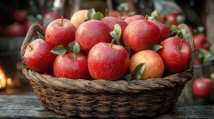 Red apples in a rustic wooden basket.