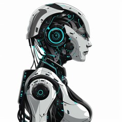 Fototapeta premium Profile of a futuristic female robot with exposed wiring, circuits, and glowing blue lights.