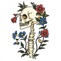 Floral Skull tattoo flash illustration