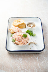 Homemade salmon rillettes served with bread