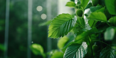 A dynamic shot of strawberry plants growing in inside a high-tech greenhouse
