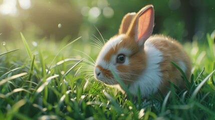 Fototapeta premium A fluffy white and brown rabbit eating grass in a green field.