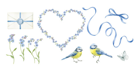 Set of blue flowers and birds Collection of spring flowers and elements